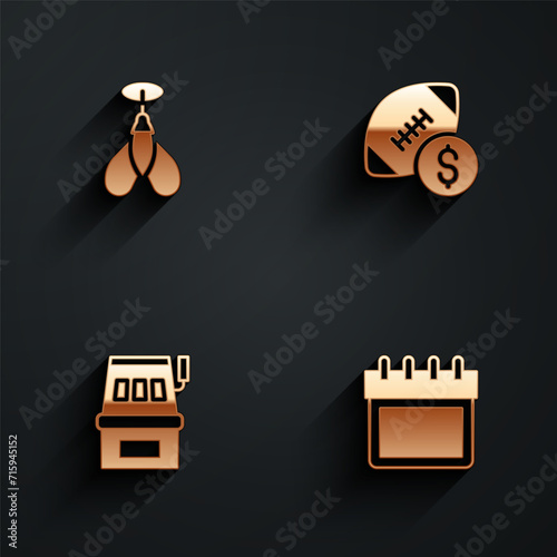 Set Dart arrow, American football betting money, Slot machine and Calendar icon with long shadow. Vector