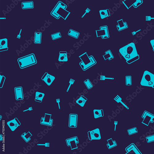 Set Food ordering on mobile, Online meal, and Fork on seamless pattern. Vector