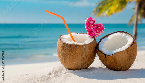 Valentine's day in the tropics. Two coconut on the sand with red hearts on blurred ocean background