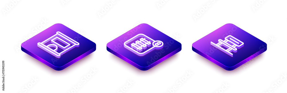 Set Isometric line Ticket office to buy tickets, Online booking and Waiting hall icon. Vector Set Isometric line Ticket office to buy tickets, Online booking and Waiting hall icon. Vector
