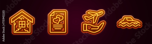 Set line House, Marriage contract, Plane in hand and Flood car. Glowing neon icon. Vector