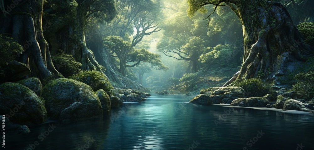 Mesmerizing serene river winding its way through a dense and ancient forest.