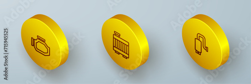 Set Isometric line Check engine, Car radiator cooling system and muffler icon. Vector