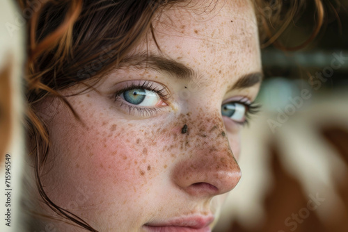 A captivating close-up portraying the radiant beauty of a young dairywoman