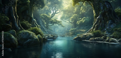 Mesmerizing serene river winding its way through a dense and ancient forest.