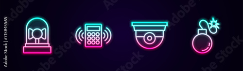 Set line Ringing alarm bell, Security keypad access panel, camera and Bomb. Glowing neon icon. Vector