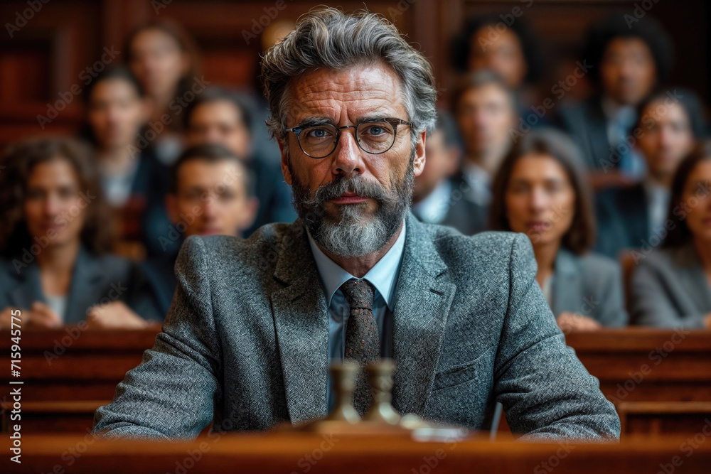 Fototapeta premium Attorney waiting in a courtroom with jury behind him. Trial and justice concept
