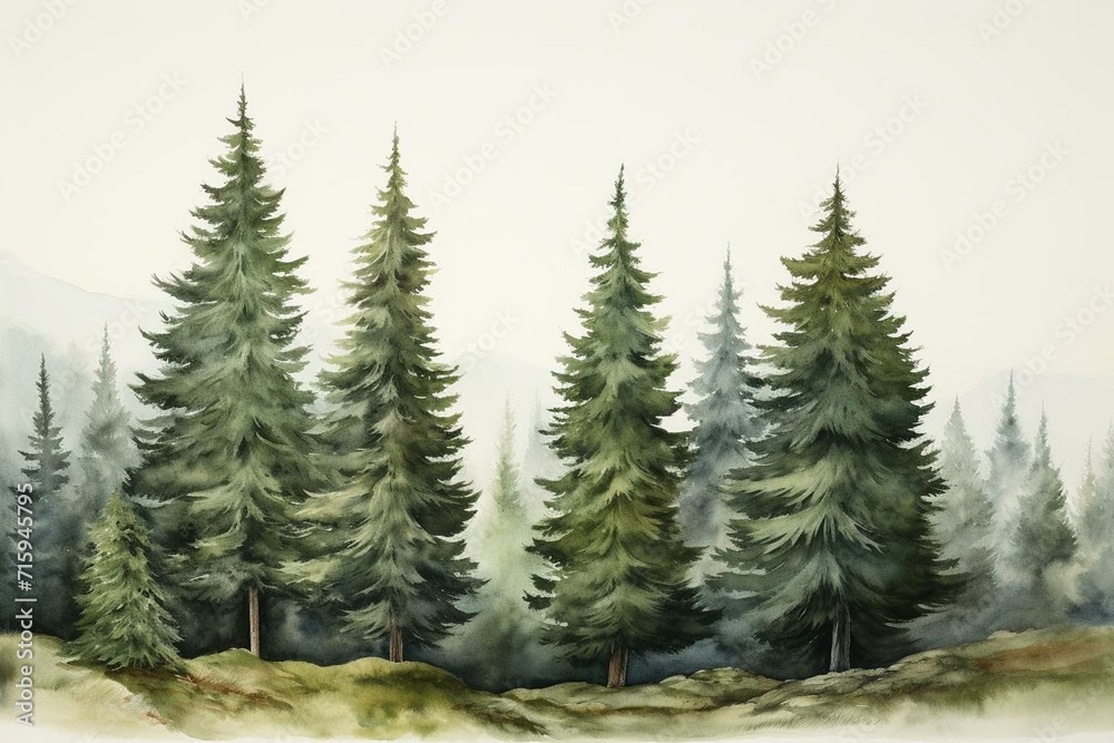 A beautiful watercolor of evergreen trees in a landscape. Generative AI