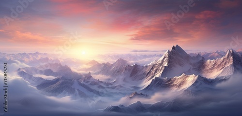 Mesmerizing snow-covered peaks glowing in the soft hues of the pre-dawn sky.