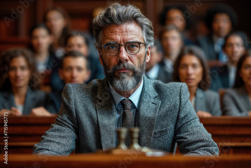 Attorney waiting in a courtroom with jury behind him. Trial and justice concept photo