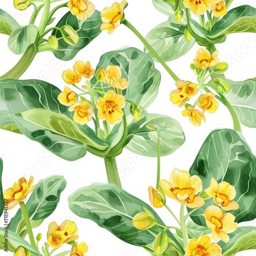 Watercolor cowslip flowers with leaves seamless pattern.