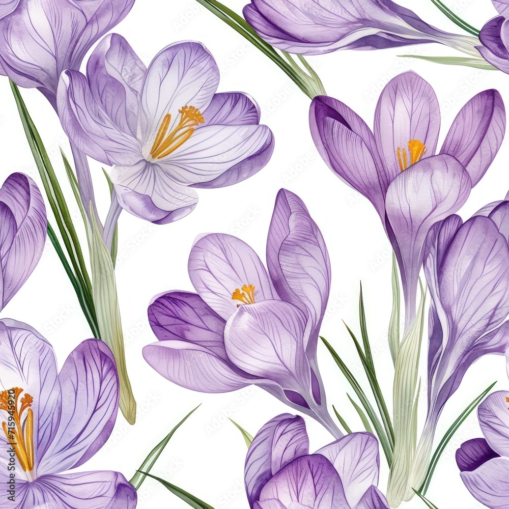 Watercolor crocus flowers with leaves seamless pattern.