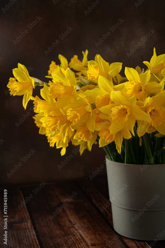 Bouquet of yellow daffodils in vase on dark brown background 