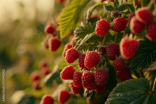 Raspberry bush covered in plump  red raspberries  a burst of tart sweetness.