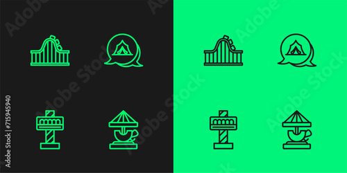 Set line Attraction carousel, Roller coaster and Circus tent icon. Vector © Iryna