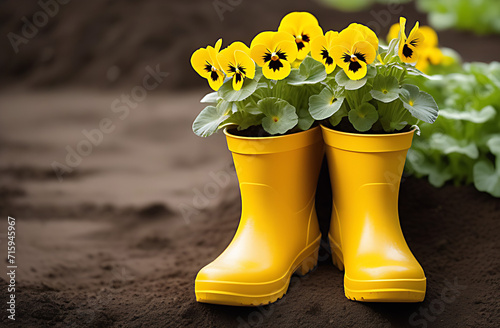 yellow pansy flowers in yellow rubber boots against the background of the earth. gardening