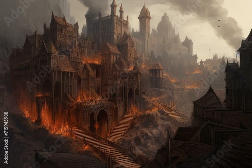 A sinister cityscape from the Middle Ages, featuring a massive fortress at its heart amidst an inferno of flames and pandemonium. Generative AI photo