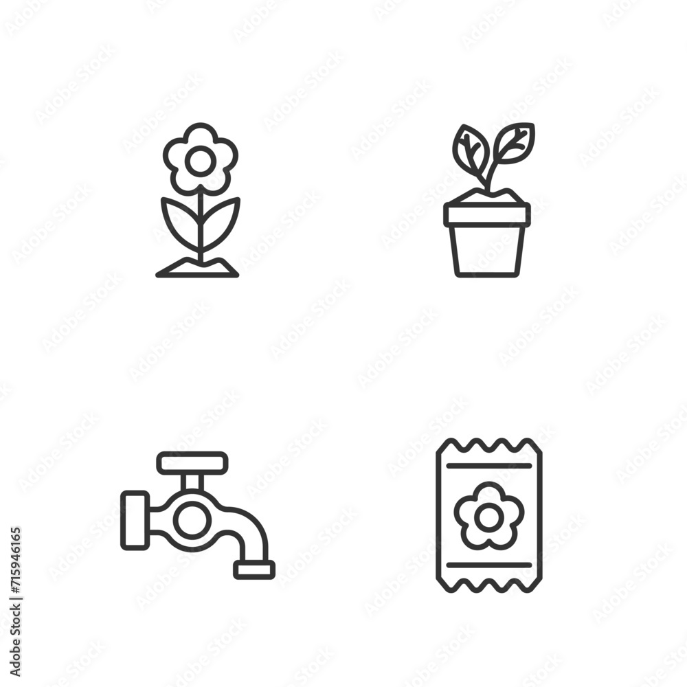 Set line Pack full of seeds, Water tap, Flower and Plant in pot icon. Vector Set line Pack full of seeds, Water tap, Flower and Plant in pot icon. Vector