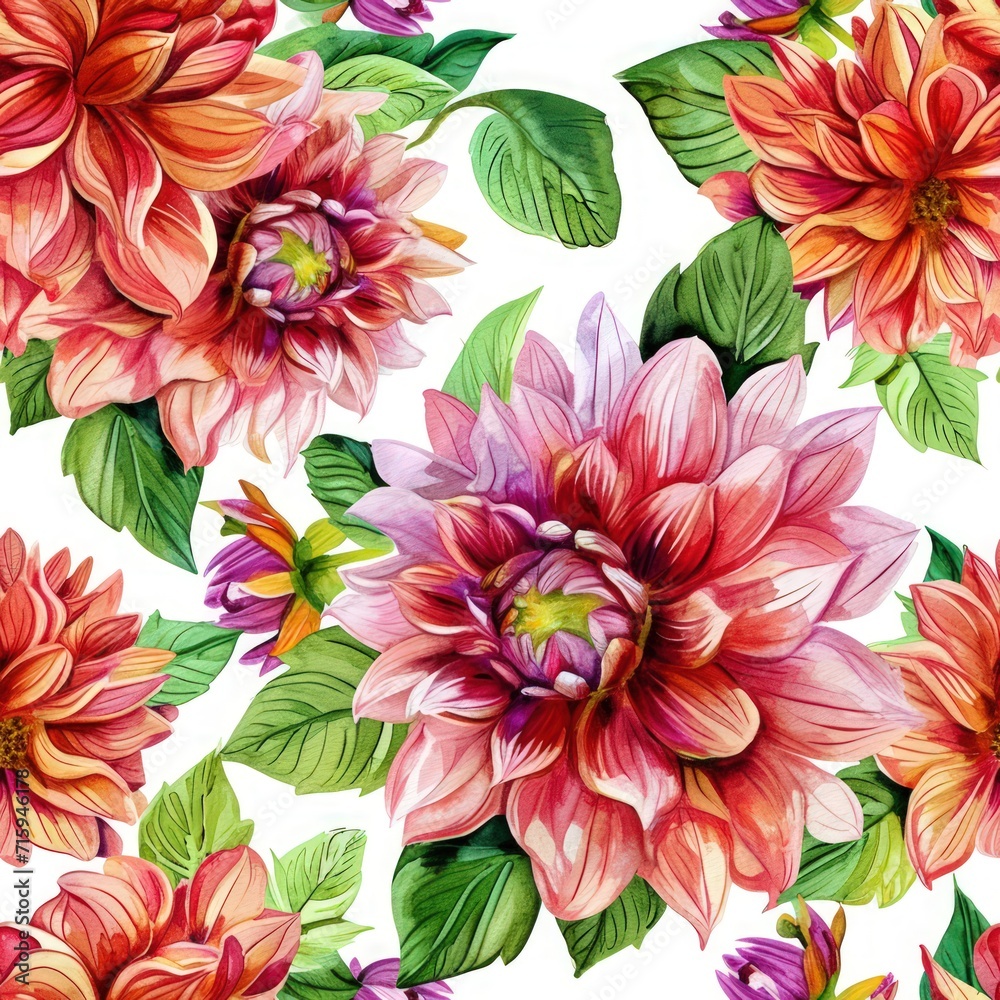 Obraz premium Watercolor dahlia flowers with leaves seamless pattern.