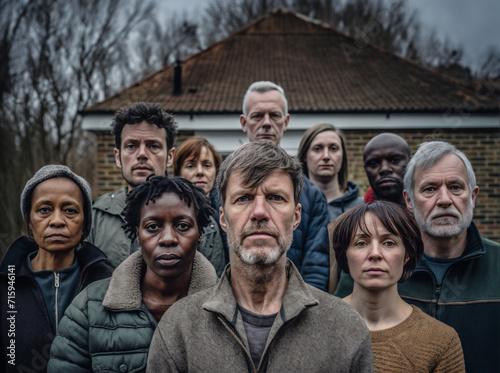 Diverse group of unhappy homeowners standing outside