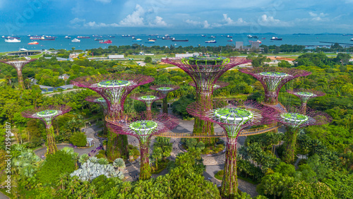 Aerial view of landscape of Gardens by the Bay in Singapore. Botanical garden with artificial trees