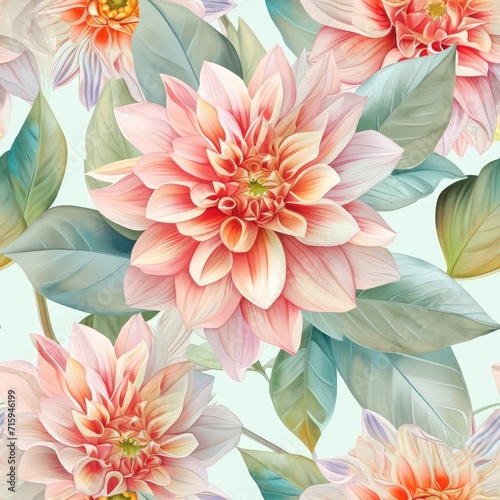 Watercolor dahlia flowers with leaves seamless pattern.