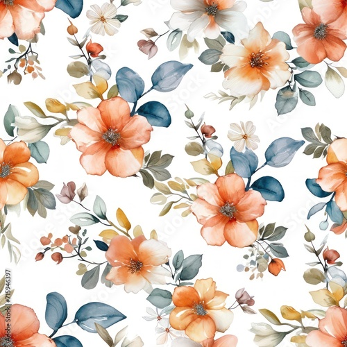 Watercolor convolves flowers with leaves seamless pattern.