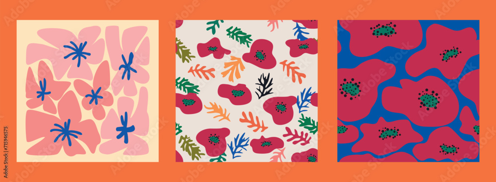 Modern trendy Matisse flower minimal style. Set of 3 Matisse inspired wall art posters, brochure, flyer templates
