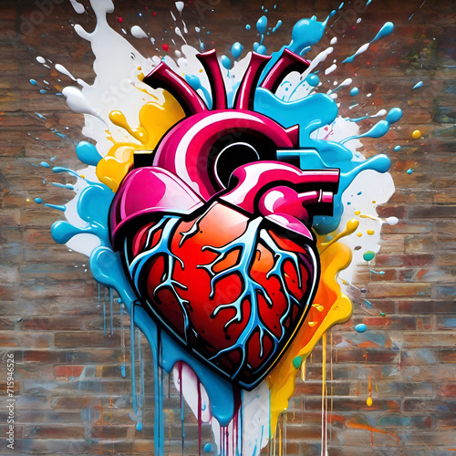 Human heart illustrated in colorful splash graffiti art on brick wall