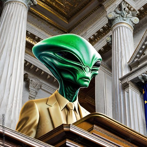 Extraterrestrial inhuman wearing a tan suit giving speech at congressional building photo