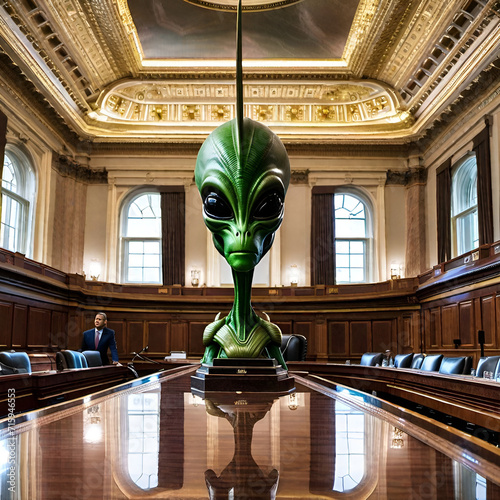 Green scaley skin Martian extraterrestrial sitting at elongated congressional table photo