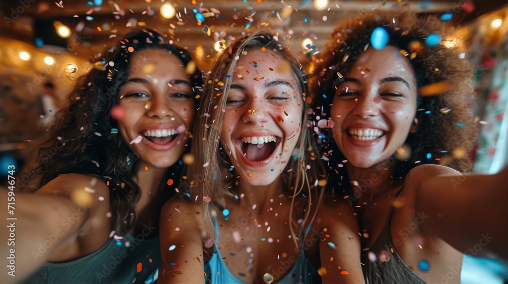 Fototapeta premium Portrait of smiling young women on party making selfie with confetti.