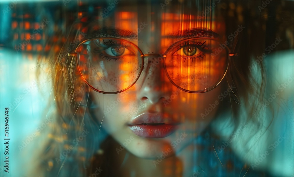 Portrait of beautiful young girl with eye glasses and sunset reflection on her face Portrait of beautiful young girl with eye glasses and sunset reflection on her face