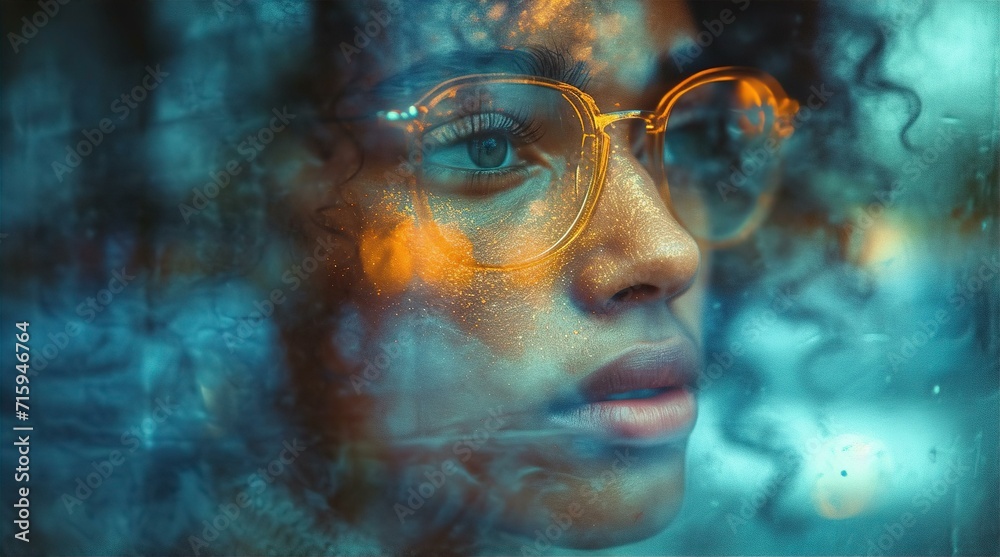 Portrait of beautiful young girl with eye glasses and sunset reflection on her face