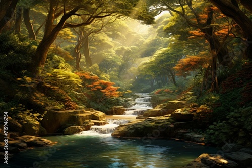 Mesmerizing Sunlit Forest Canopy with a Gentle Stream Flowing Below.
