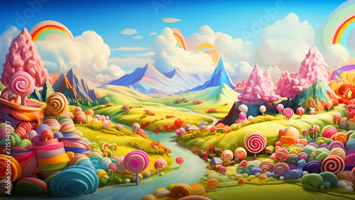 Candy mountains landscape with rainbow, lollipop, chewing gum and sweet sugar river kids wonderland photo