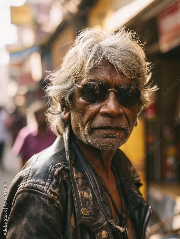Old Indian Man with Blond Straight Hair vintage photo. Portrait of a person in 1980s aesthetics. Punk fashion. Historic photo Ai Generated Photorealistic Vertical Image.