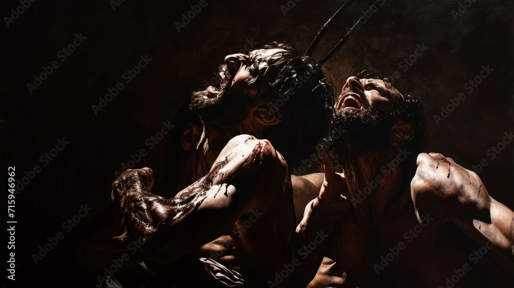 Two naked men full of pain, screaming. A powerful image capturing an intense moment of conflict, with contrasting light and shadow. The composition is inspired by the dramatic chiaroscuro technique.