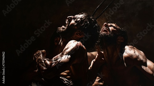 Two naked men full of pain, screaming. A powerful image capturing an intense moment of conflict, with contrasting light and shadow. The composition is inspired by the dramatic chiaroscuro technique.