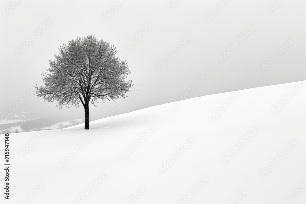 Lonely tree on a snowy field in winter, black and white. A pristine landscape covered in untouched snow, with a lone tree standing against the winter backdrop. Lonely tree on a snowy field in winter, black and white. A pristine landscape covered in untouched snow, with a lone tree standing against the winter backdrop.