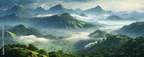 Jungle forest foggy morning land scenery. Fogg rising clouds above green forest photo