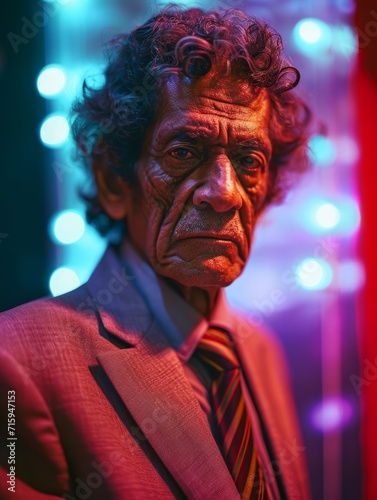 Old Indian Man with Brown Curly Hair vintage photo. Portrait of a person in 1980s aesthetics. Punk fashion. Historic photo Ai Generated Photorealistic Vertical Image. © Vector Juice