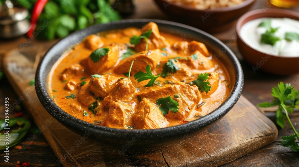 Chicken fillet in a spicy coconut sauce close-up on a table. horizontal