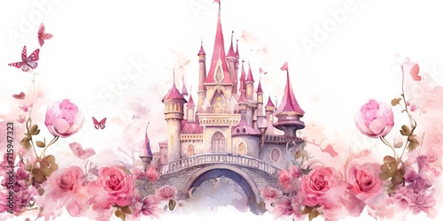 Pink roses, various flowers, leaves, and buttons decorate the pink princess palace in a watercolor fantasy photo