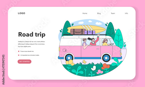 Road trip web banner or landing page. Young people or family going on vacation by a car. Characters driving automobile on holidays, traveling the world together. Flat vector illustration