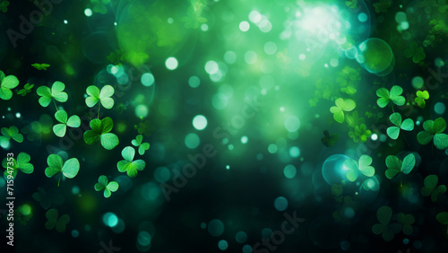 A mystical array of green clover leaves floating with a bokeh effect in a dreamy backdrop, happy saint Patricks day