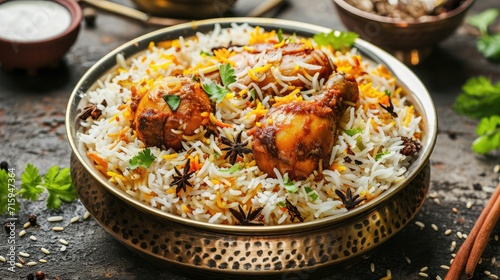 Chicken biryani Spicy Indian Malabar biryani Hyderabadi biryani, Dum Biriyani pulao golden bowl Kerala India Sri Lanka Pakistan basmati rice mixed rice dish with meat curry Ramadan Kareem, Eid