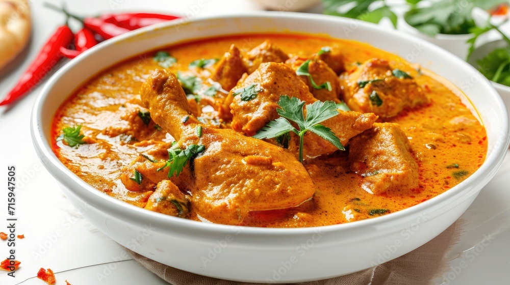 Chicken Korma isolated on white. Indian cuisine meat curry dish with coconut milk masala. Asian food