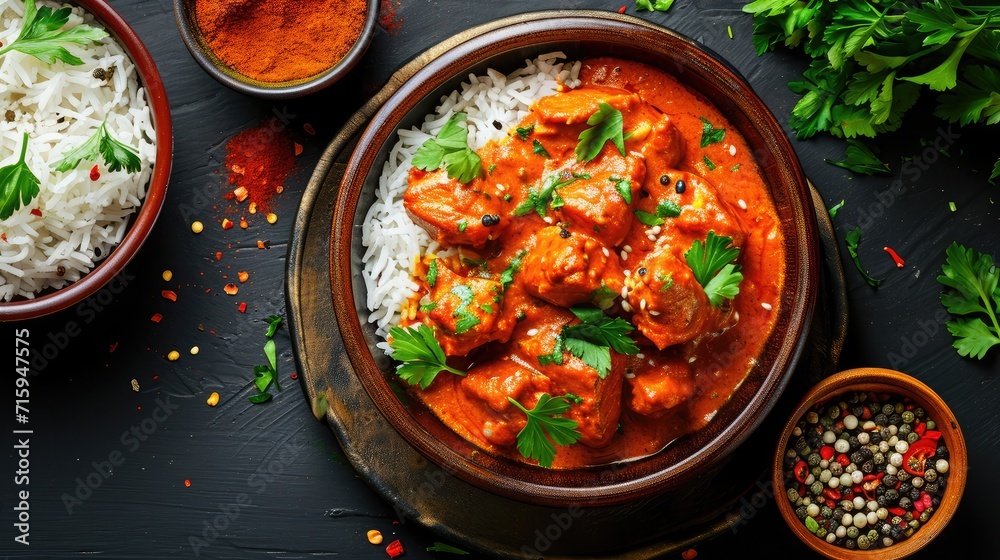 Chicken meat with tikka masala sauce, spicy curry food in a bowl with rice and seasonings, top view Chicken meat with tikka masala sauce, spicy curry food in a bowl with rice and seasonings, top view