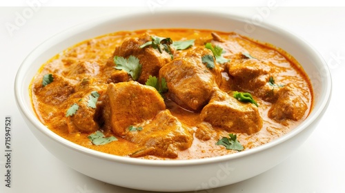 Chicken Korma isolated on white. Indian cuisine meat curry dish with coconut milk masala. Asian food